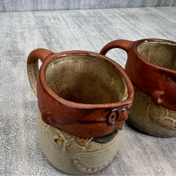 2 Face Mugs Man & Woman Art Pottery UCTICI Gempo Japan Moustache Vtg 3D - Picture 8 of 9